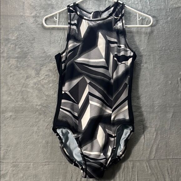 Nike Black Gray Racerback One Piece Swim Suit Zipper Closure Mesh Detail Size 6 - Picture 1 of 10